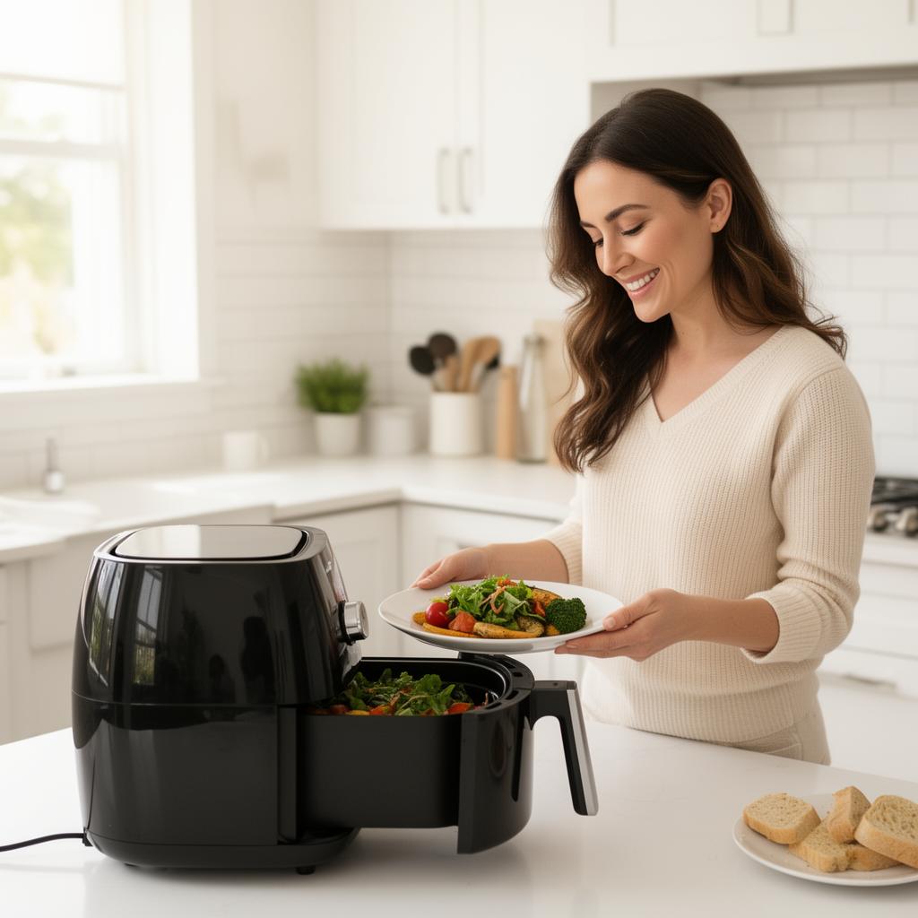 Mulher preparando refeição saudável na Airfryer